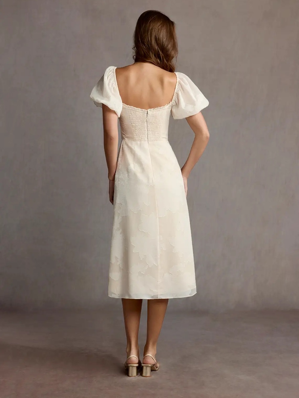 Azazie Misha Ivory Puff-Sleeve Midi Dress with Front Slit - Picture 2 of 10
